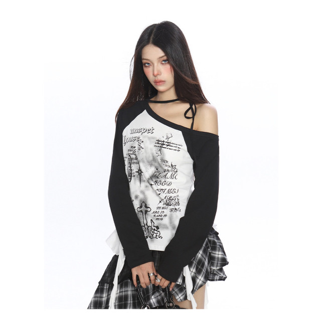 輕亞風塗鴉斜肩系帶流蘇長袖T恤女秋季辣媽漏肩內搭上衣潮