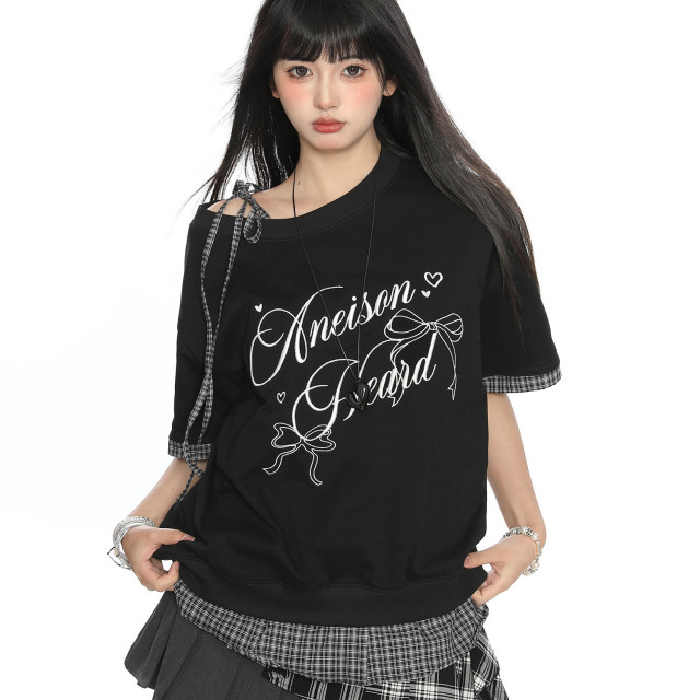 蝴蝶結字母假兩件斜肩綁帶短袖T恤女夏季韓系穿搭顯瘦上衣