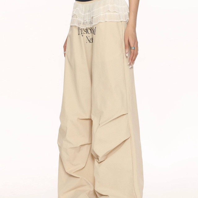 福利款 美式字母蕾絲拼接假兩件褶皺工裝褲女芭蕾風疊穿休閑長褲