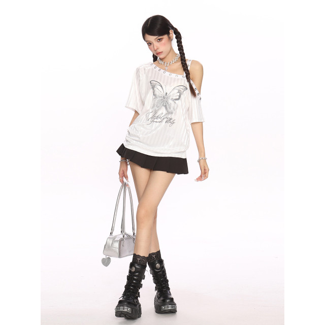 幻影蝴蝶條紋斜肩吊帶短袖T恤女夏季y2k甜酷漏肩顯瘦上衣