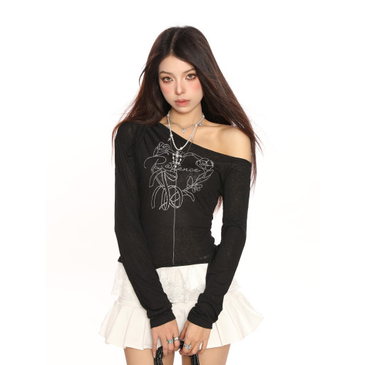 蝴蝶結燙鉆綁帶斜肩長袖T恤女春秋甜酷薄款露肩顯瘦上衣潮