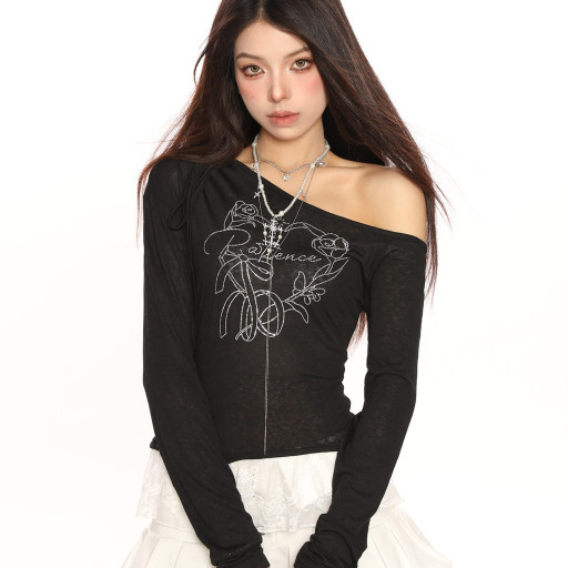 蝴蝶結燙鉆綁帶斜肩長袖T恤女春秋甜酷薄款露肩顯瘦上衣潮