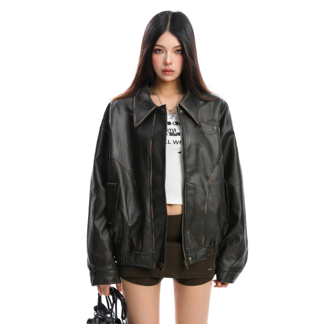 可愛凱蒂貓壓印pu皮夾克皮衣女秋冬高級感百搭棒球服外套