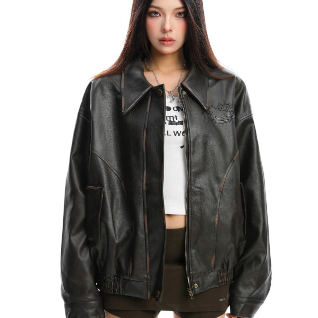 可愛凱蒂貓壓印pu皮夾克皮衣女秋冬高級感百搭棒球服外套