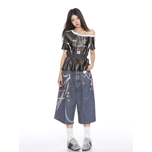 美式條紋收腰斜肩綁帶短袖T恤女夏季辣妹露肩顯瘦球衣上衣