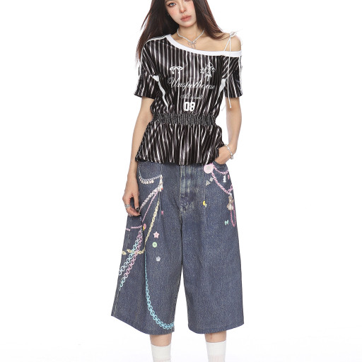 美式條紋收腰斜肩綁帶短袖T恤女夏季辣妹露肩顯瘦球衣上衣