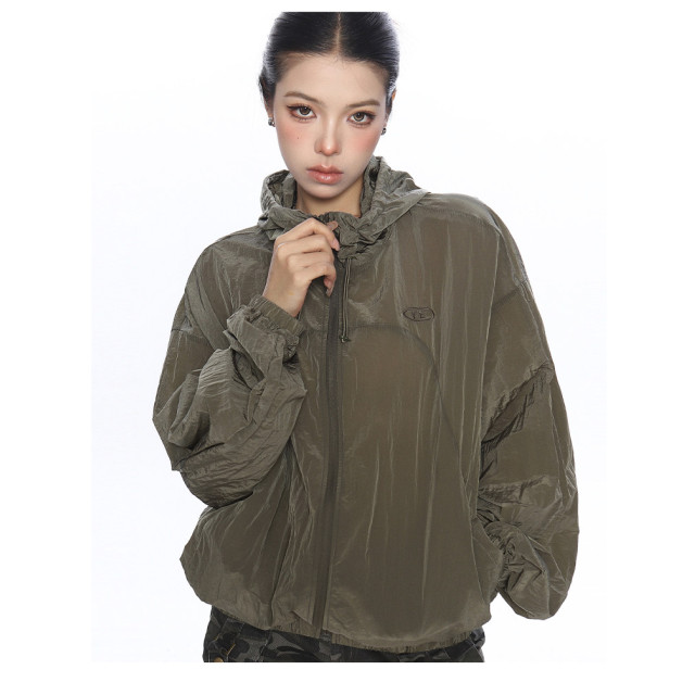 美式設計感連帽薄款透氣防曬衣女夏季戶外防風工裝外套潮