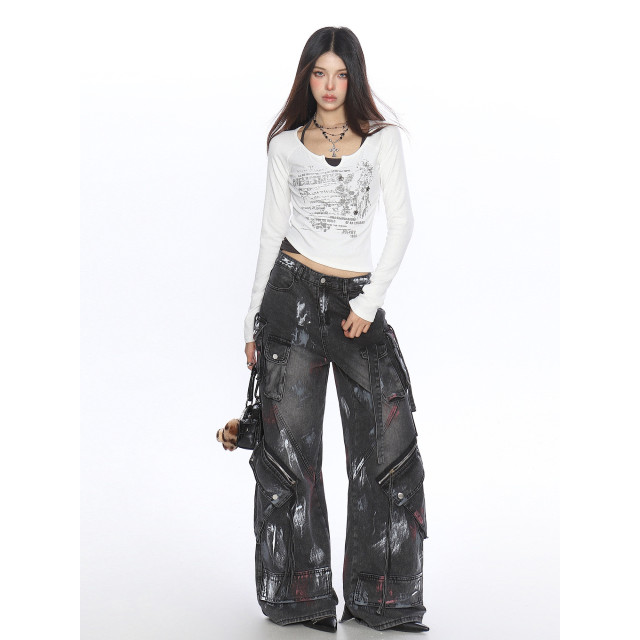 辣妹假兩件系帶塗鴉長袖T恤女秋季設計感顯瘦打底衫上衣潮