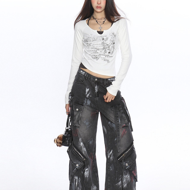 辣妹假兩件系帶塗鴉長袖T恤女秋季設計感顯瘦打底衫上衣潮