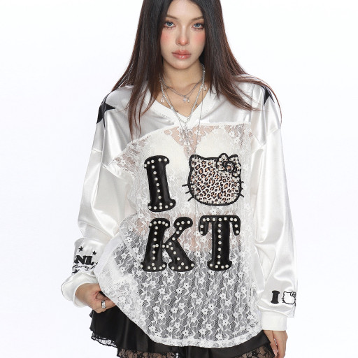 豹紋Kitty貓蕾絲鏤空長袖衛衣女運動澤西風球衣罩衫上衣潮