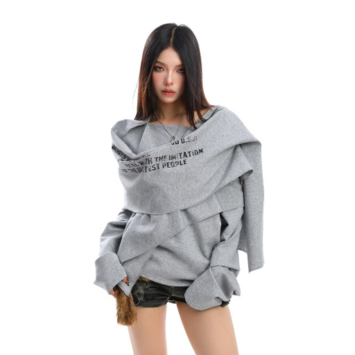 設計感不規則印花斜肩長袖衛衣女秋冬慵懶感疊穿顯瘦上衣