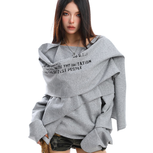 設計感不規則印花斜肩長袖衛衣女秋冬慵懶感疊穿顯瘦上衣