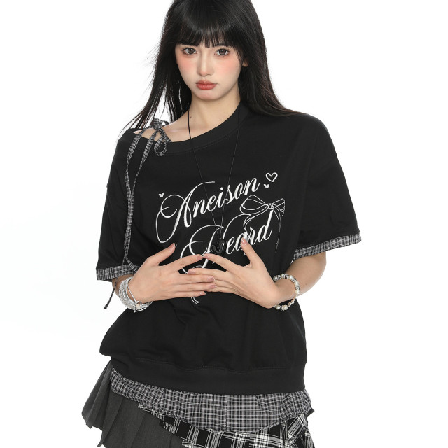 蝴蝶結字母假兩件斜肩綁帶短袖T恤女夏季韓系穿搭顯瘦上衣