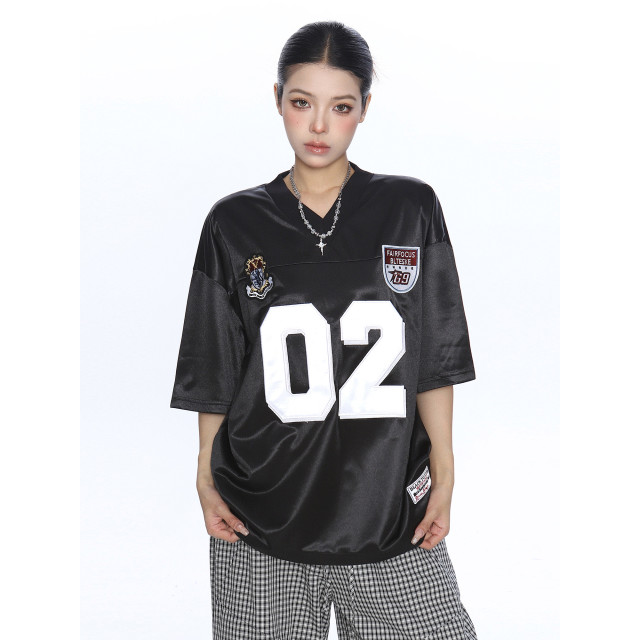 美式緞面字母v領短袖T恤女夏季運動風寬松休閑情侶球衣潮