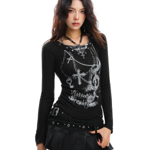 亞文化辣妹假兩件長袖薄款針織T恤女秋季收腰顯瘦上衣潮