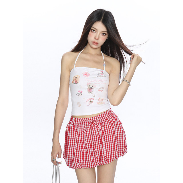 甜辣卡通印花掛脖吊帶背心女夏季顯瘦外穿無袖別致上衣ins