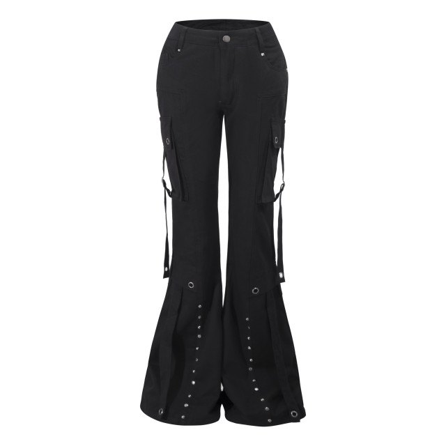 美式辣妹柳釘工裝微喇休閑褲女重工街頭修身顯瘦拖地長褲