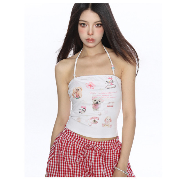 甜辣卡通印花掛脖吊帶背心女夏季顯瘦外穿無袖別致上衣ins