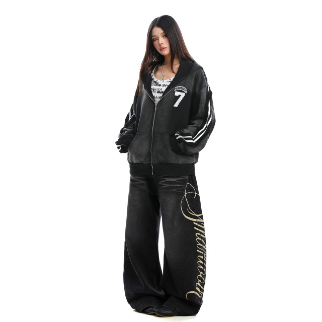 美式水洗做舊字母杠條連帽衛衣女秋冬情侶寬松開衫外套潮