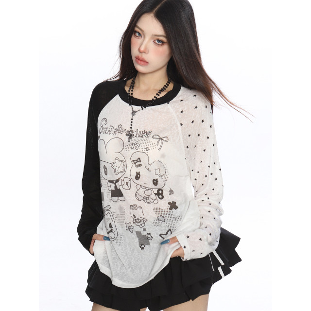 動漫二次元印花撞色長袖T恤女夏季薄款顯瘦防曬空調衫上衣