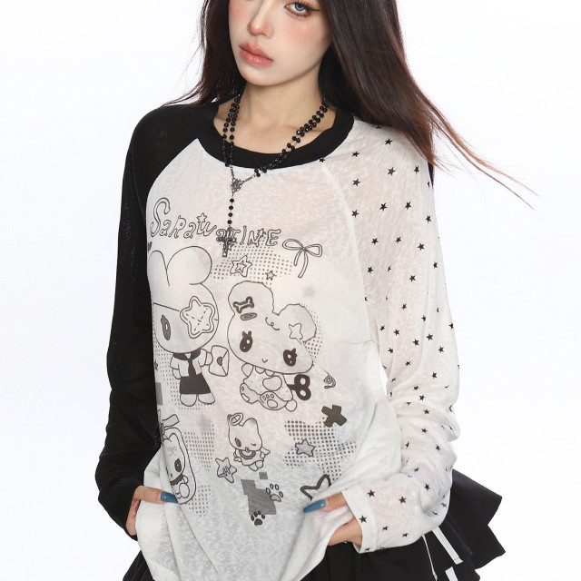 動漫二次元印花撞色長袖T恤女夏季薄款顯瘦防曬空調衫上衣