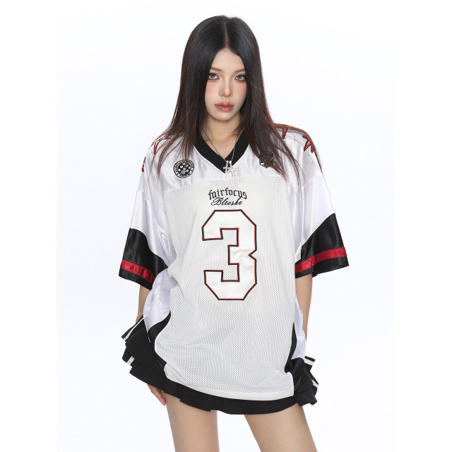 美式撞色字母v領短袖T恤女夏季澤西風休閑運動寬松球衣潮