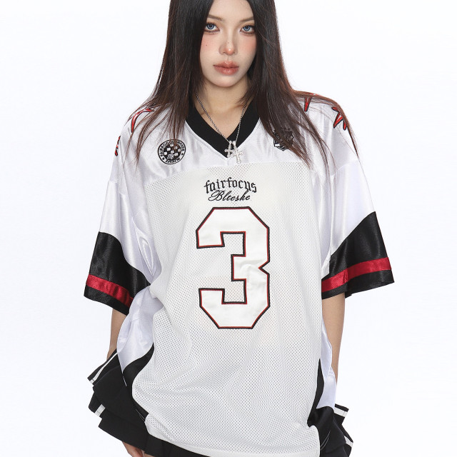 美式撞色字母v領短袖T恤女夏季澤西風休閑運動寬松球衣潮