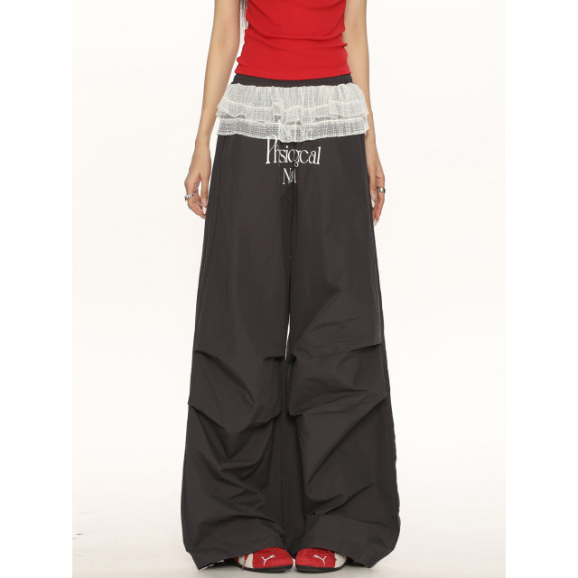 福利款 美式字母蕾絲拼接假兩件褶皺工裝褲女芭蕾風疊穿休閑長褲