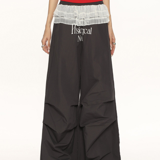 福利款 美式字母蕾絲拼接假兩件褶皺工裝褲女芭蕾風疊穿休閑長褲