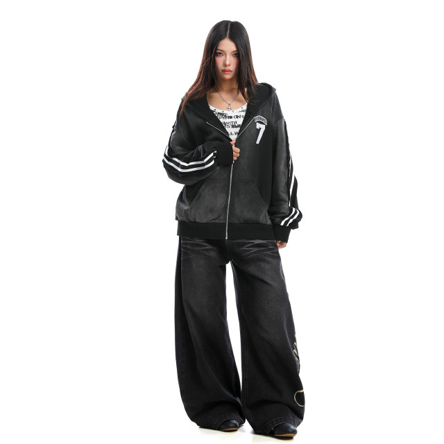 美式水洗做舊字母杠條連帽衛衣女秋冬情侶寬松開衫外套潮