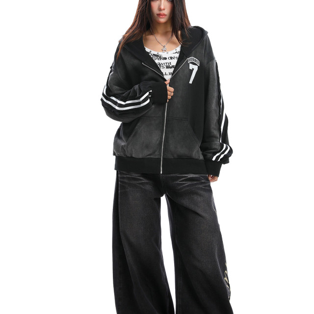 美式水洗做舊字母杠條連帽衛衣女秋冬情侶寬松開衫外套潮