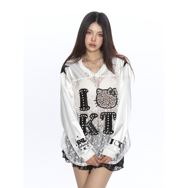 豹紋Kitty貓蕾絲鏤空長袖衛衣女運動澤西風球衣罩衫上衣潮
