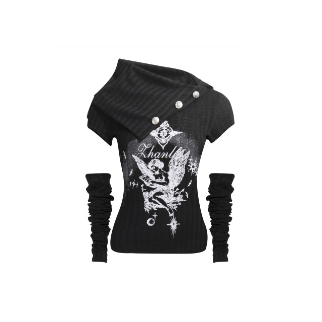 甜酷辣妹y2k斜肩針織T恤女秋季可拆卸袖套兩穿顯瘦上衣潮