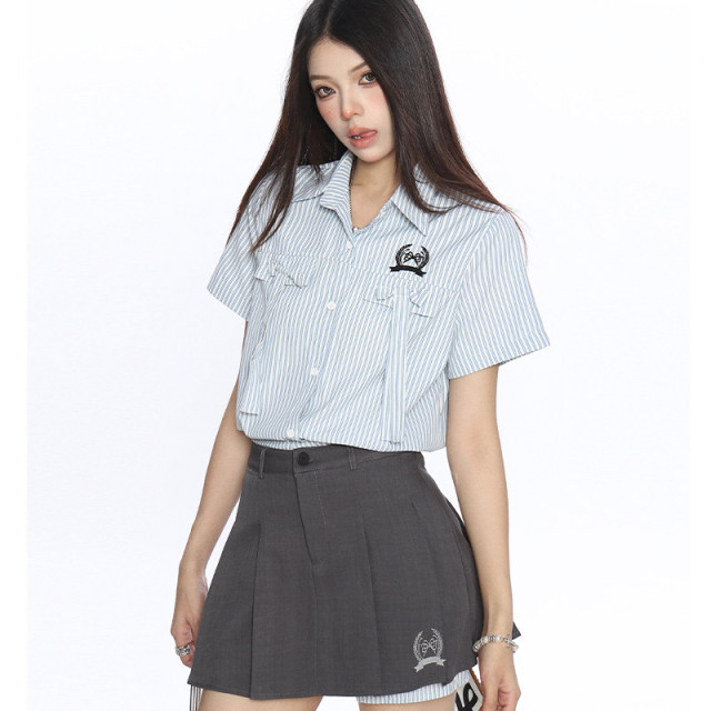 韓系穿搭豎條紋Polo領襯衫套裝女夏季a字顯瘦百褶裙兩件套