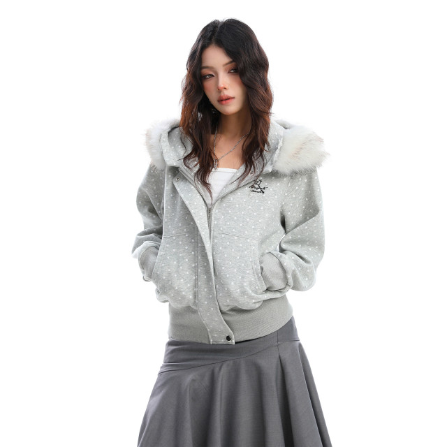 美式復古波點印花毛領貓耳朵連帽開衫衛衣女秋季休閑外套