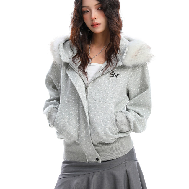 美式復古波點印花毛領貓耳朵連帽開衫衛衣女秋季休閑外套