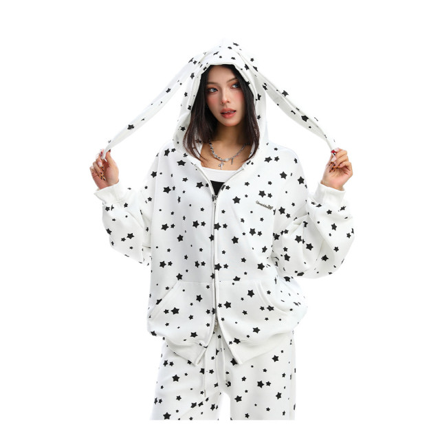 美式滿印星星兔耳朵連帽衛衣女秋冬休閑褲兩件套外套套裝