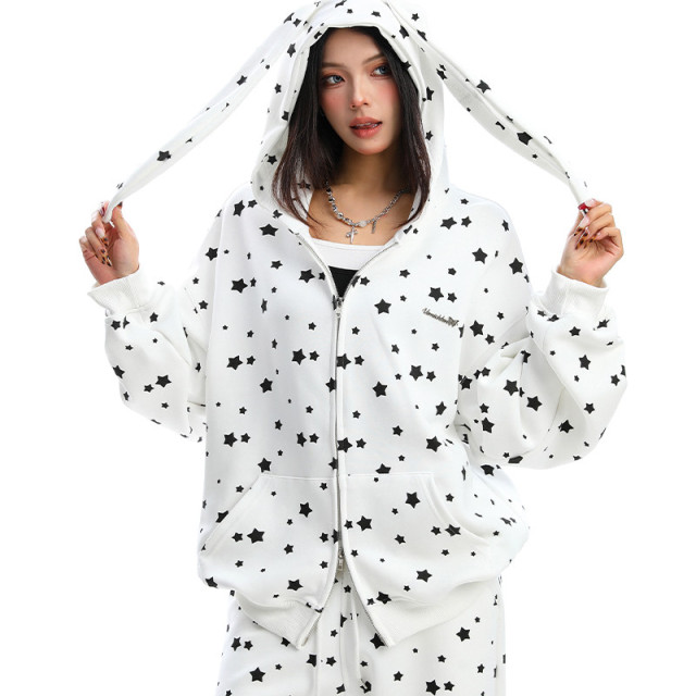 美式滿印星星兔耳朵連帽衛衣女秋冬休閑褲兩件套外套套裝