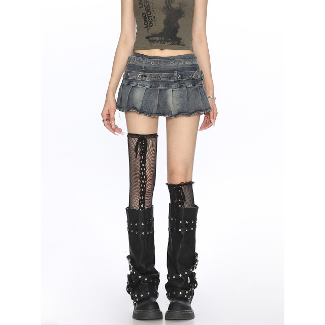 美式辣妹柳釘牛仔百褶裙短裙女夏季重工水洗做舊半身裙潮