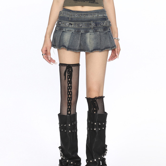 美式辣妹柳釘牛仔百褶裙短裙女夏季重工水洗做舊半身裙潮