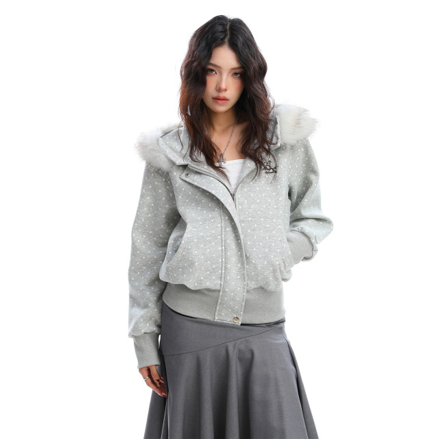 美式復古波點印花毛領貓耳朵連帽開衫衛衣女秋季休閑外套