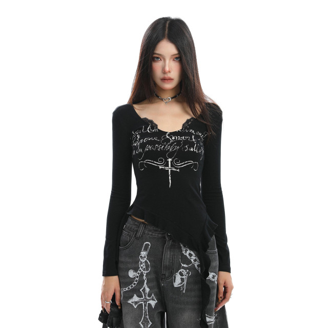 不規則設計感v領蕾絲邊長袖T恤女秋季辣妹顯瘦內搭上衣潮