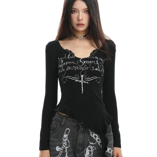 不規則設計感v領蕾絲邊長袖T恤女秋季辣妹顯瘦內搭上衣潮