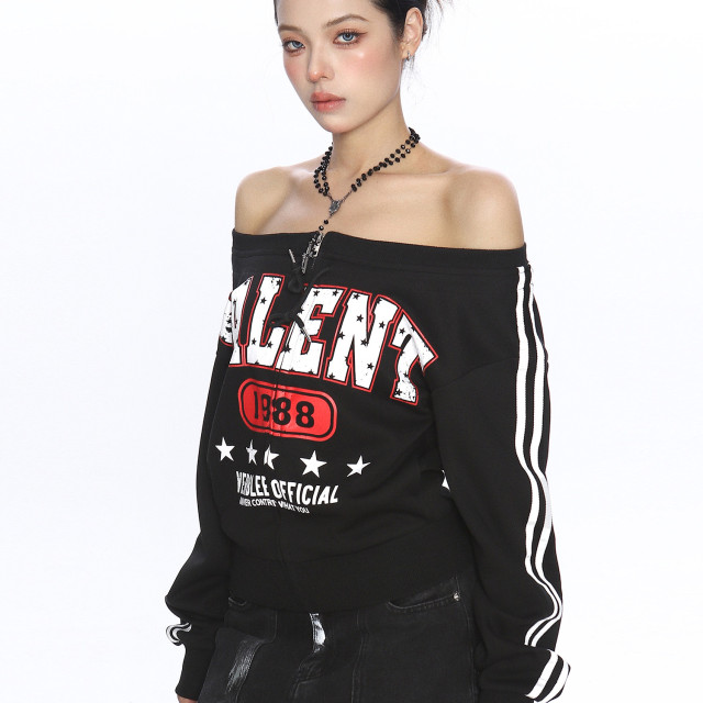 美式杠條一字肩拉鏈長袖衛衣女春秋辣妹運動風休閑球衣潮