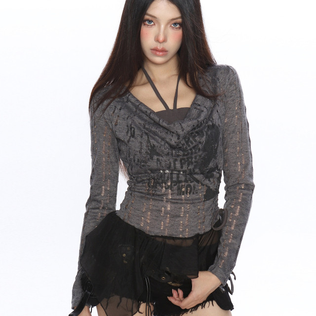 輕亞風蕩領假兩件長袖T恤女秋季不規則下擺辣妹內搭上衣潮