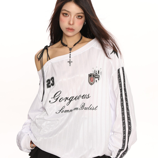 美式斜肩綁帶長袖衛衣女春季辣妹顯瘦露肩運動風球衣上衣