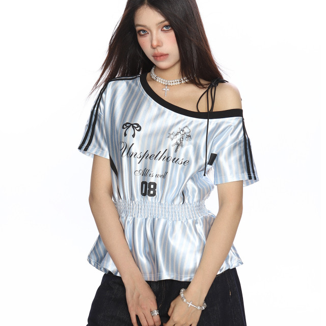 美式條紋收腰斜肩綁帶短袖T恤女夏季辣妹露肩顯瘦球衣上衣