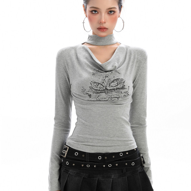 辣妹掛脖蕩領長袖T恤女秋季氣質純欲鏤空顯瘦內搭打底上衣