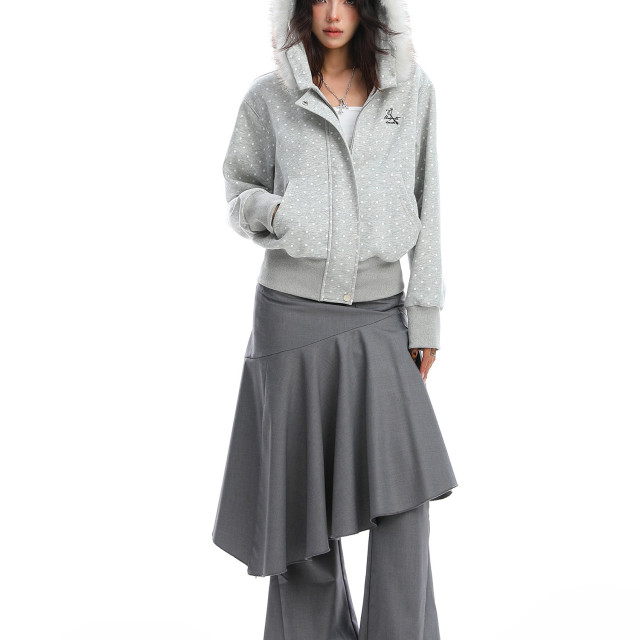 美式復古波點印花毛領貓耳朵連帽開衫衛衣女秋季休閑外套