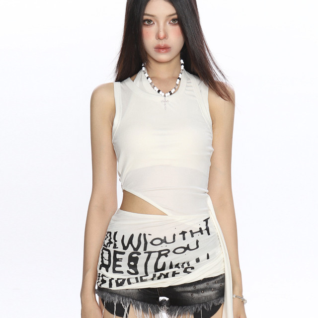 設計感辣妹性感露腰T恤女夏季不規則收腰顯瘦無袖背心上衣